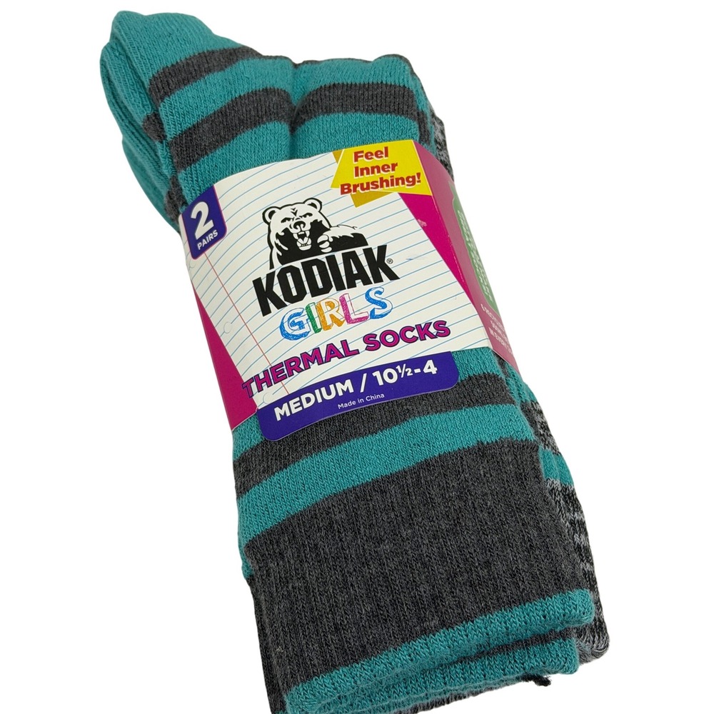 Kodiak Thermal Socks Aqua Grey Striped 2-Pack Girls Medium Brushed NWT Cozy Soft